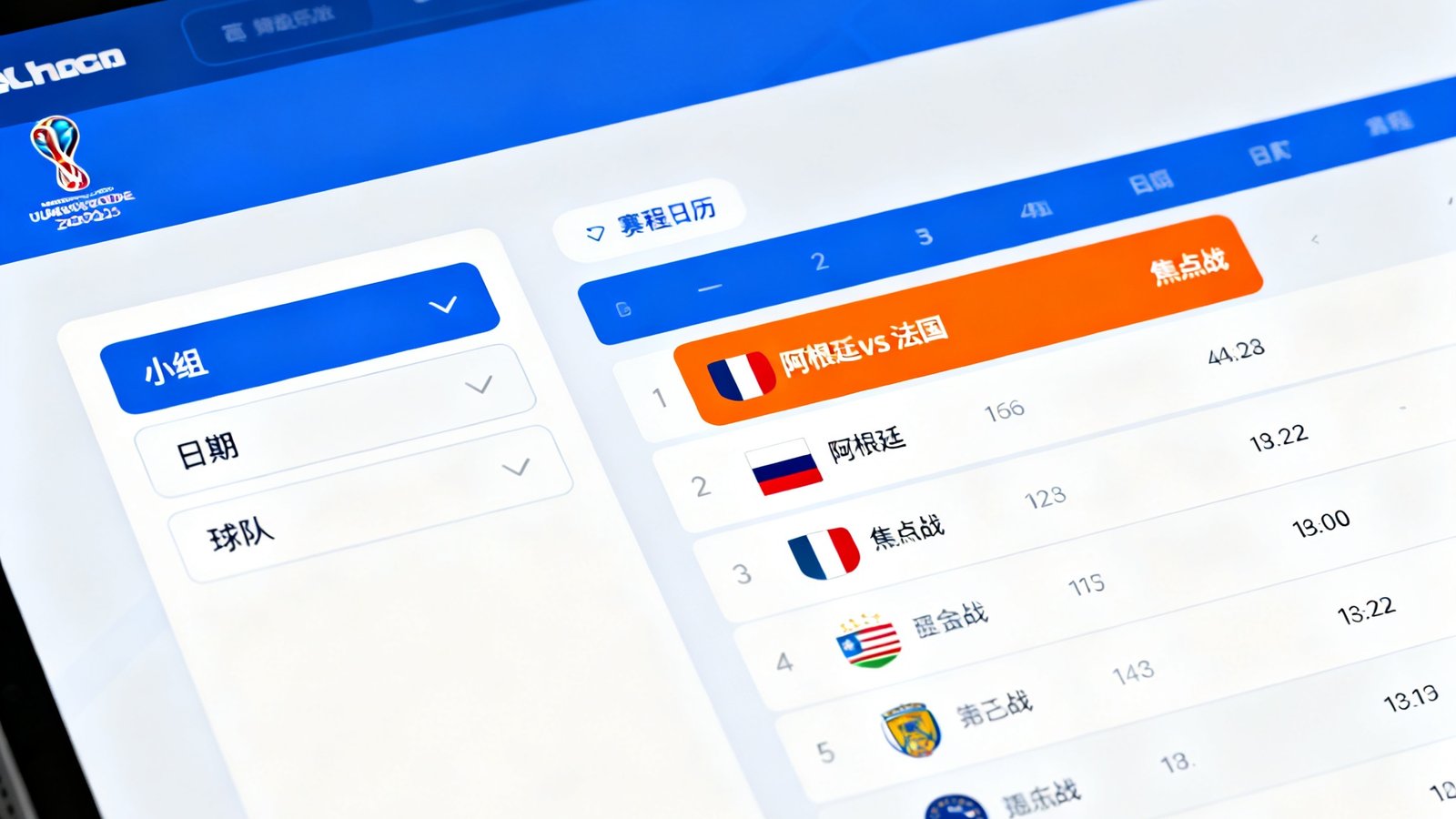 世界杯赛程日历网页界面，左侧筛选栏包含小组/日期/球队，右侧高亮显示阿根廷vs法国焦点战